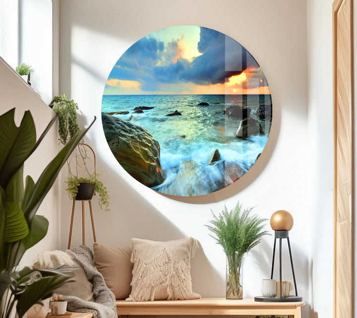 Sunset Cloudy Sea Nature Glass Wall Art stained glass wall art, stained glass wall decor