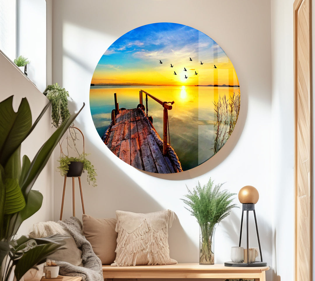 Sunset on The Lake & Birds Glass Wall Art