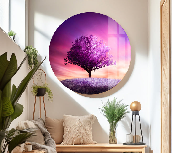 Purple Tree Landscape Glass Wall Art photo print on glass, prints on glass wall art