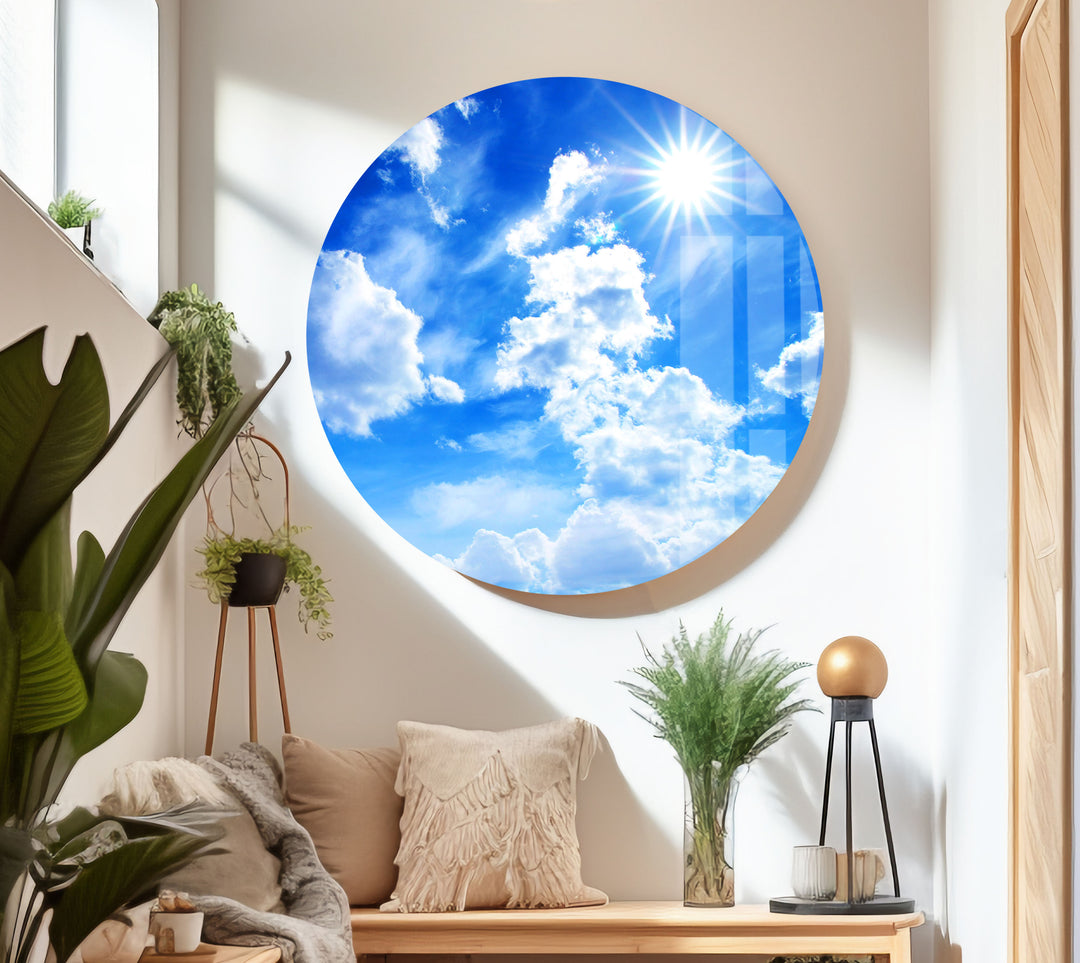 White Clouds and Blue Sky Glass Wall Art