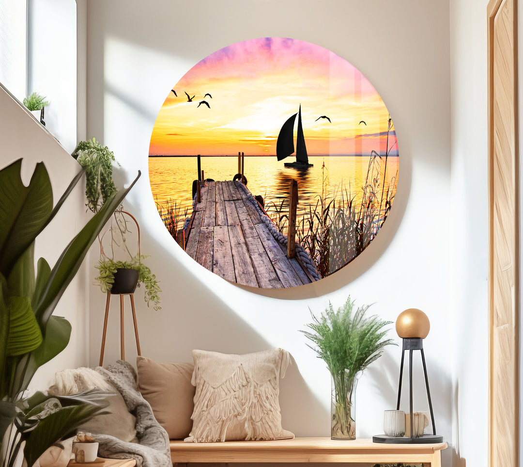 Dock Sunset Landscape Glass Wall Art stained glass wall art, stained glass wall decor