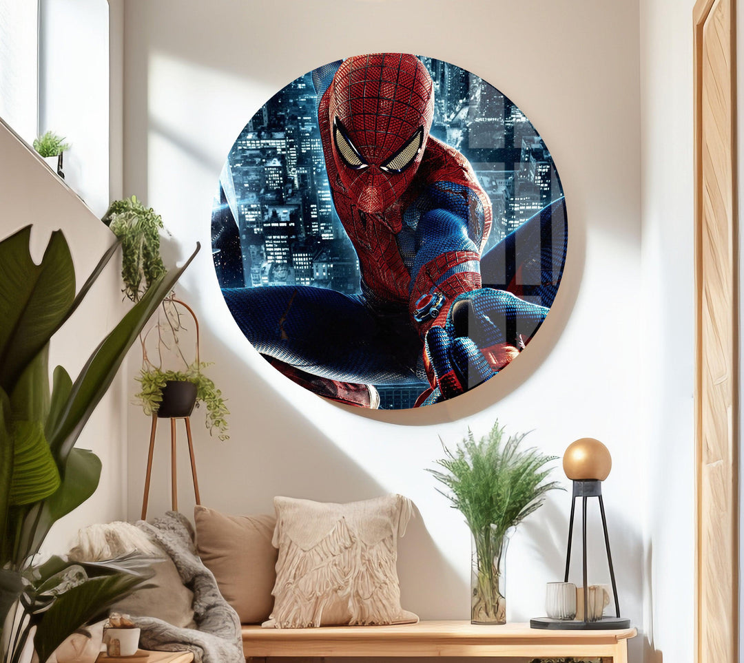 Spider Man & City Glass Wall Art glass image printing, glass prints from photos
