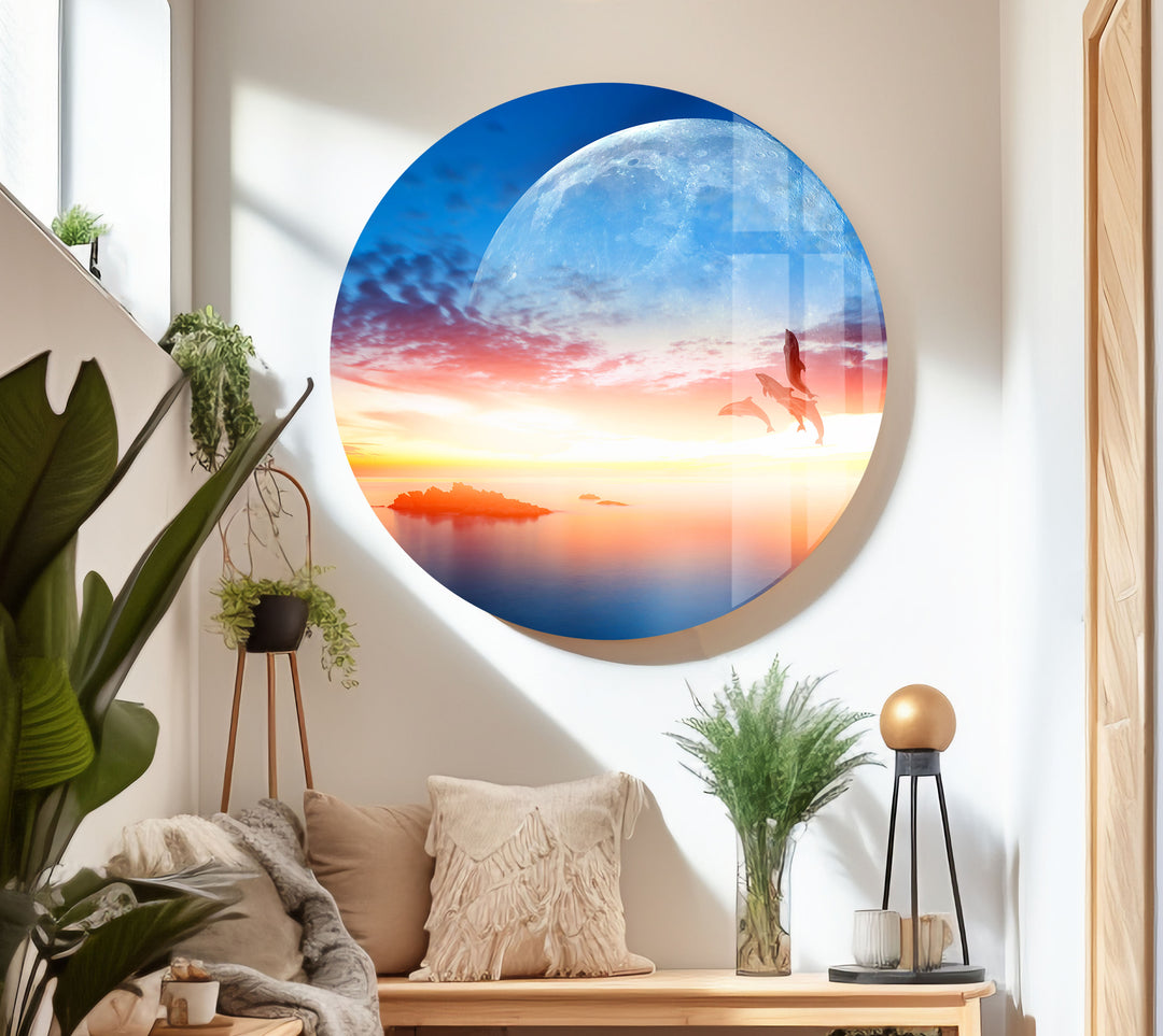 Sunset With Dolphins & Moon Glass Wall Art custom glass photo prints, large glass prints