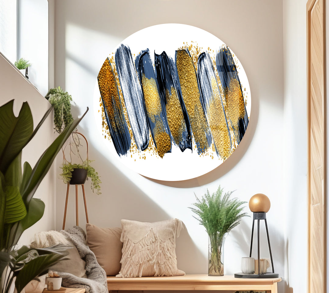 Gold Glitters with Blue Abstract Glass Wall Art, large glass photo prints, glass wall photos