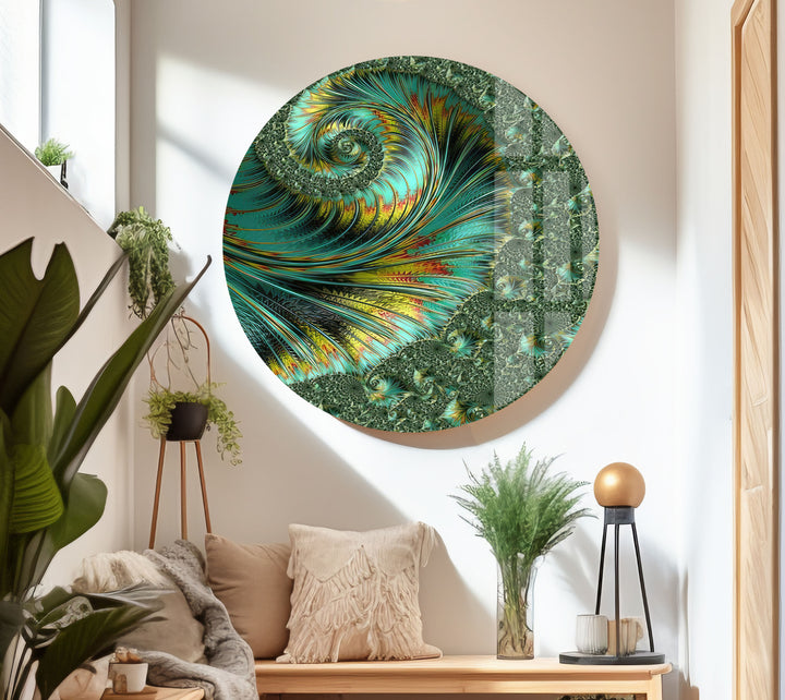 Jade and Yellow Fractal Spiral Glass Wall Art