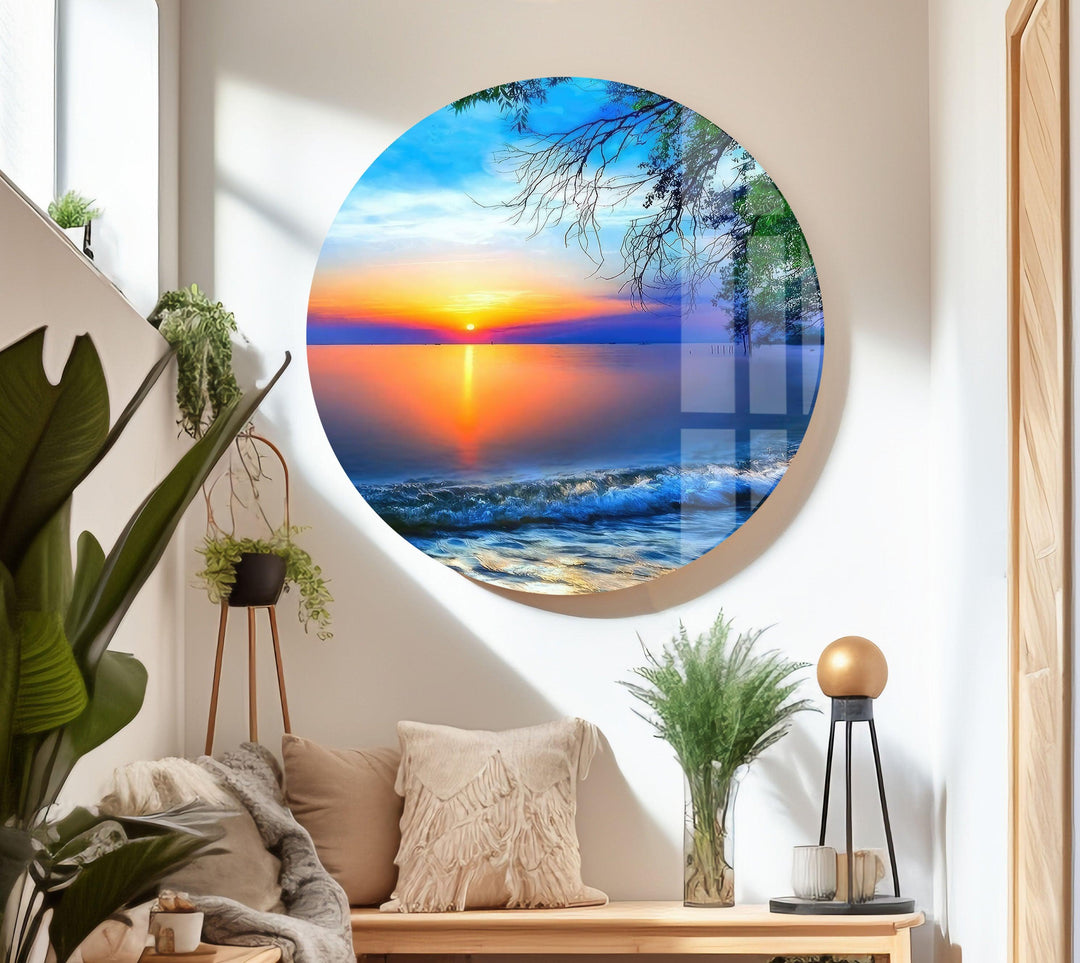 Sunset Sea Wave Glass Wall Art print on glass, glass printed photos