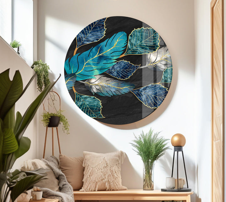 Blue-Turquoise And Golden Lines Leaves Glass Wall Art, glass art painting, glass art for the Wall