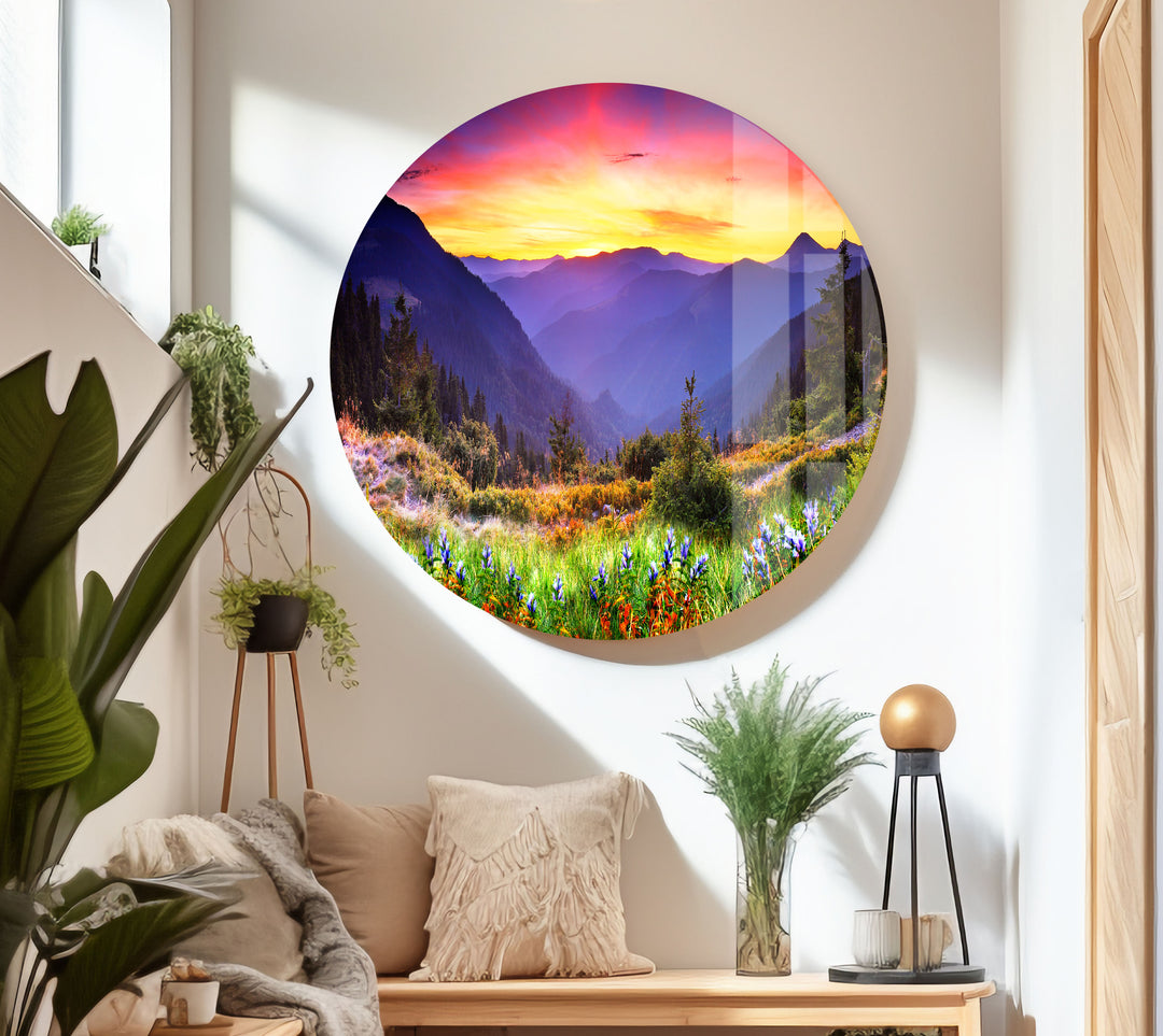 Sunset Colored Mountains Glass Wall Art custom glass photo prints, large glass prints