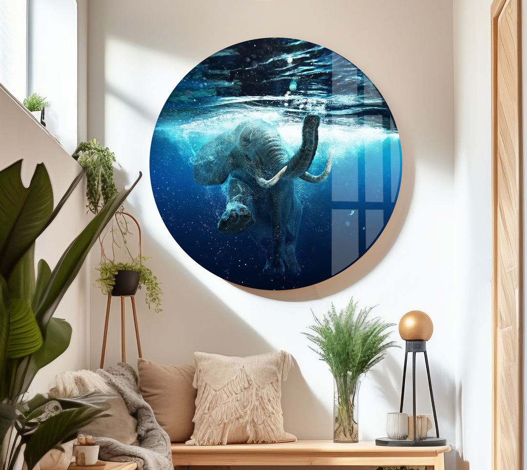 Swimming Elephant Glass Wall Art glass art painting, glass art for the Wall