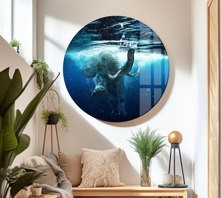 Swimming Elephant Glass Wall Art glass art painting, glass art for the Wall