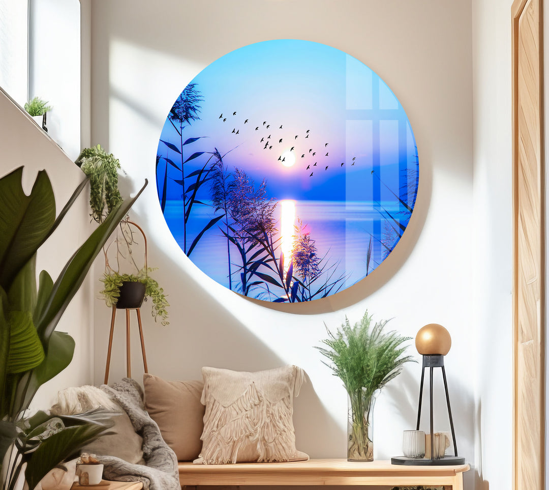 Blue Sunrise On Lake Glass Wall Art photo print on glass, prints on glass wall art