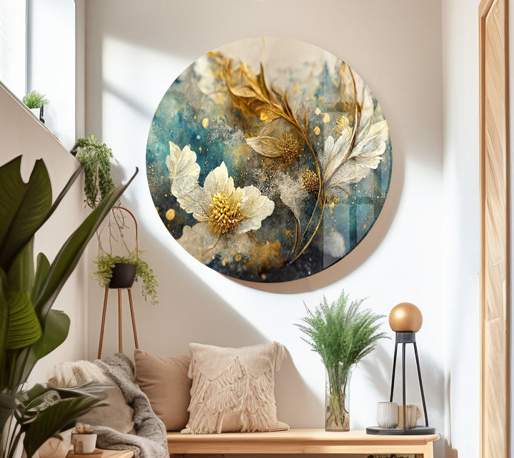 Elegant Golden Sheen Flower Glass Wall Art, custom glass pictures, glass art prints