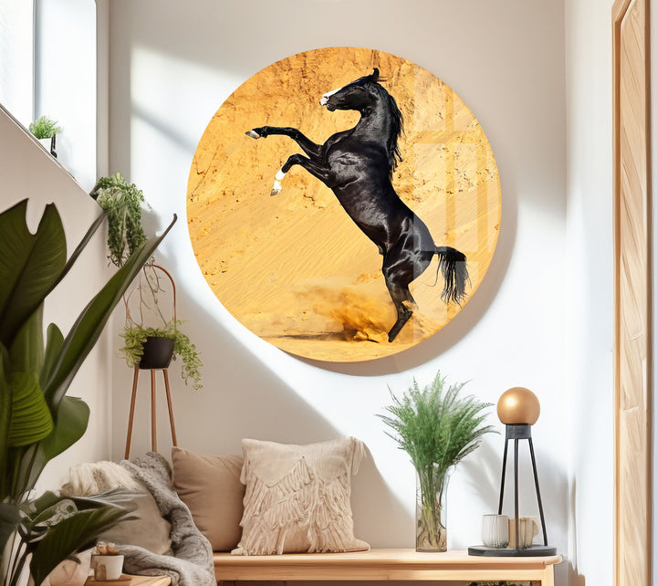 Black Horse on Desert Glass Wall Art glass art painting, glass art for the Wall