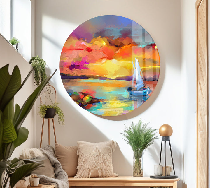 Sunset Sea Painting Glass Wall Art