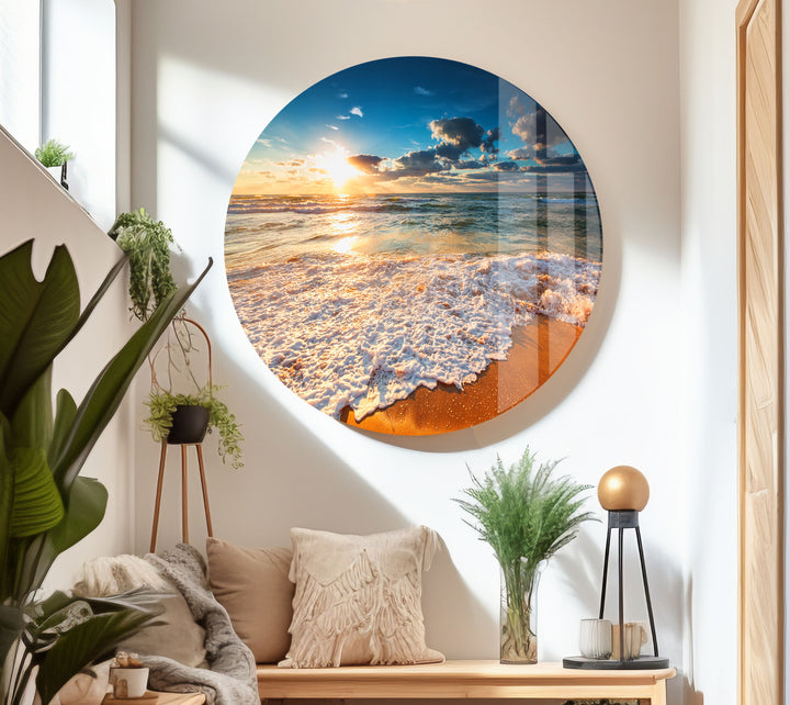 Beach Wave & Sunrise Glass Wall Art custom glass pictures, glass art prints