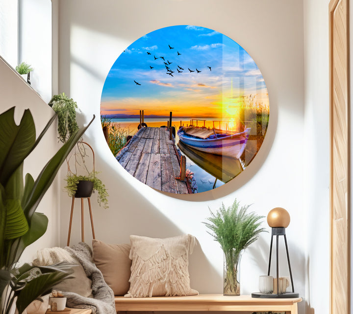 Lake Under Sunset Pier Glass Wall Art