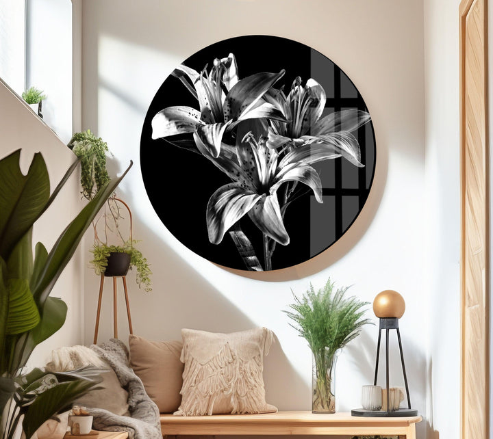 Black Xray Lily Flower Glass Wall Art, glass pictures for Wall, glass prints wall art
