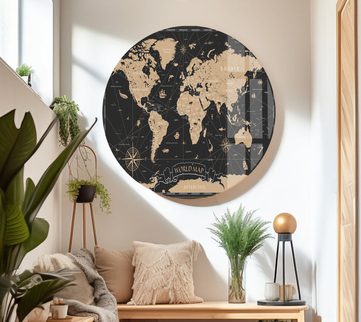 Brown World Map Glass Art Painting & Cool Wall Art