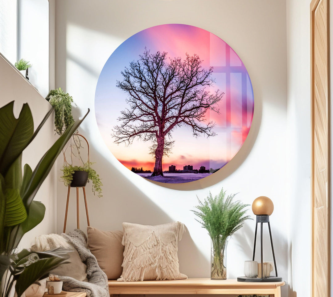 Huge Tree On Pink Sunset Glass Wall Art print picture on glass, Tempered Glass Wall Art