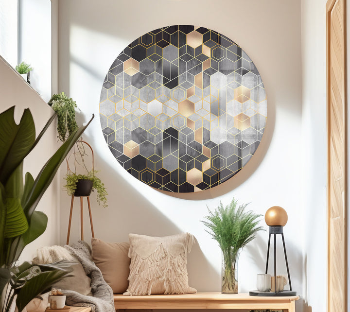 Black Hexagons Glass Wall Art , custom glass pictures, glass art prints