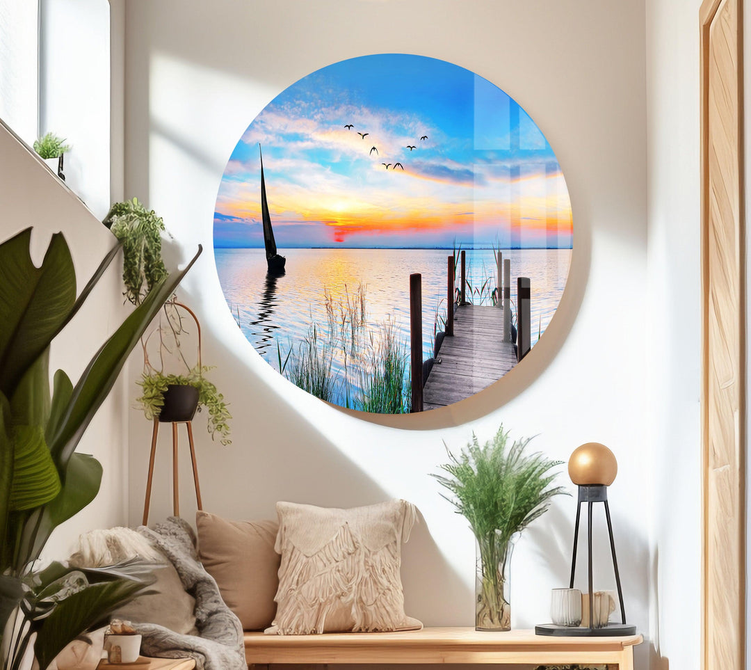 Sunset Birds Pier Glass Wall Art print on glass, glass printed photos