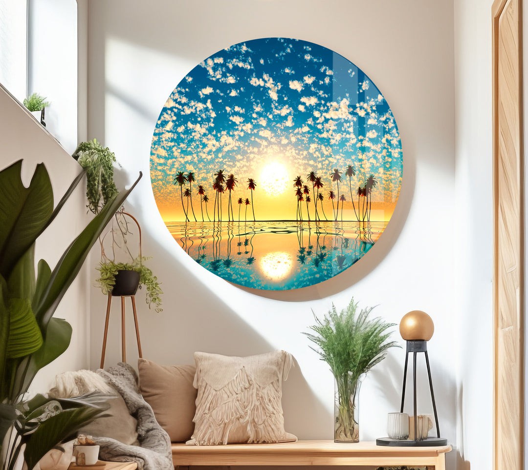 Tropical Palm Tree at Sunset Glass Wall Art