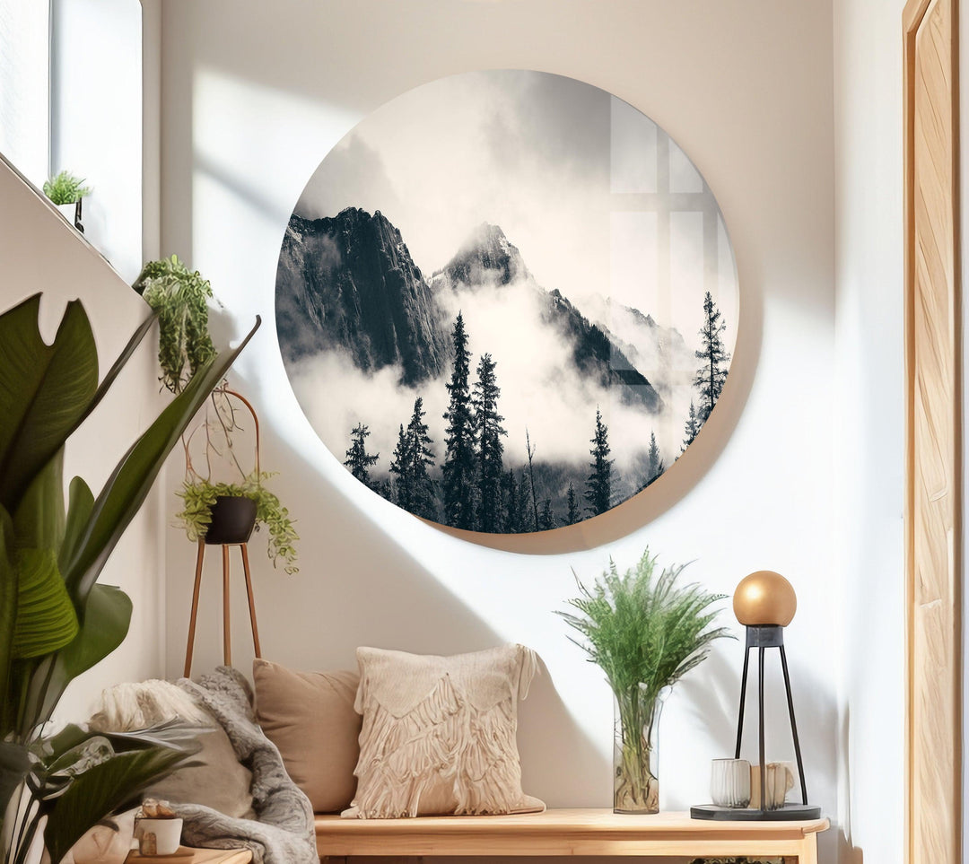 Foggy Mountains Banff Glass Wall Art print picture on glass, Tempered Glass Wall Art