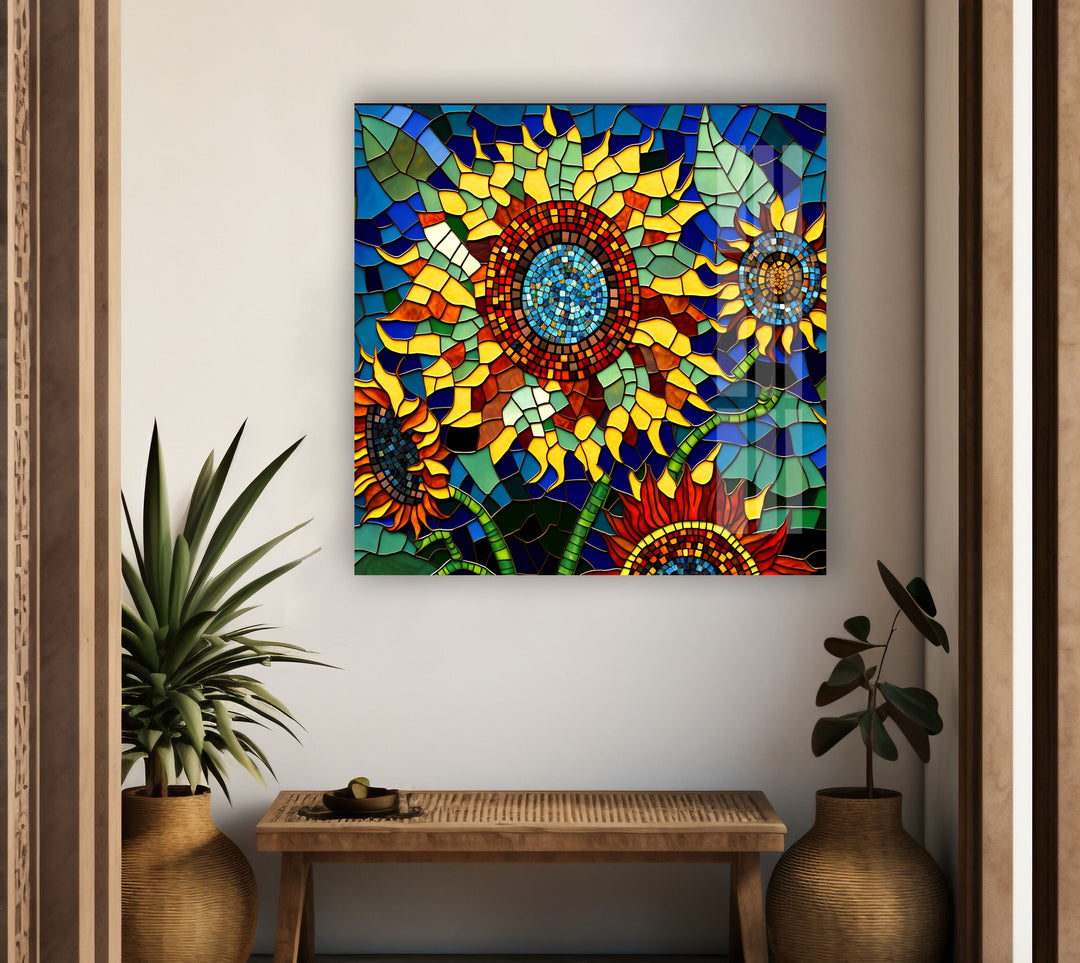 Mosaic Of Sunflowers Glass Wall Art, custom glass pictures, glass art prints