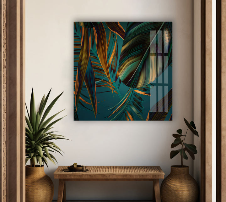 Green Abstract Palm Leaf Glass Wall Art