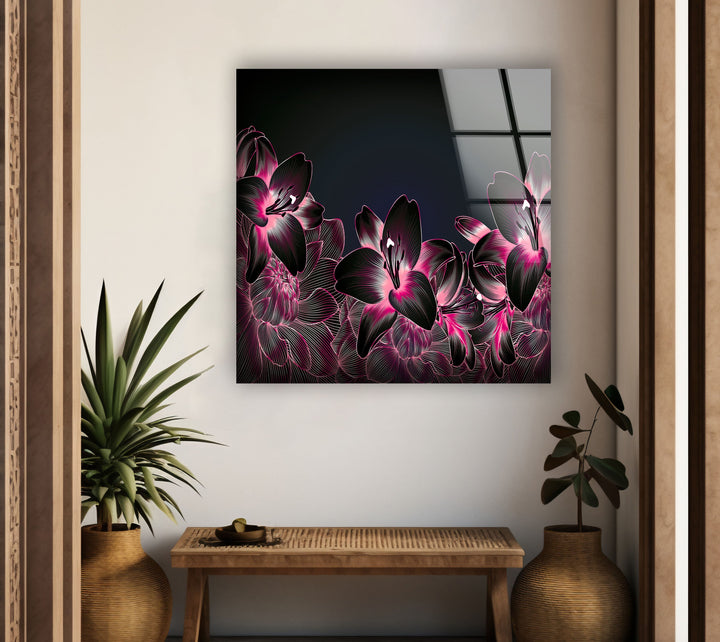 Pink Botanical Floral On Black Glass Wall Art, glass photo prints, glass picture prints
