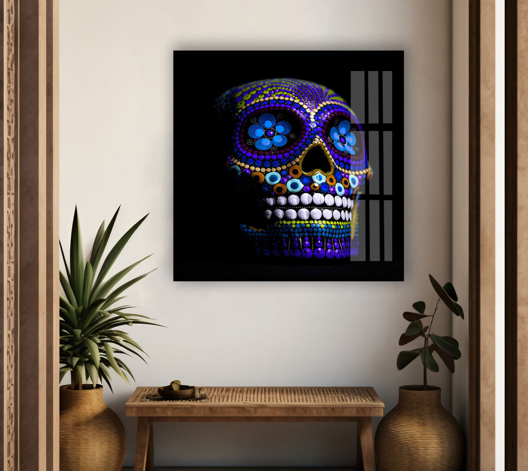 Blue Mexican Skull Glass Wall Art