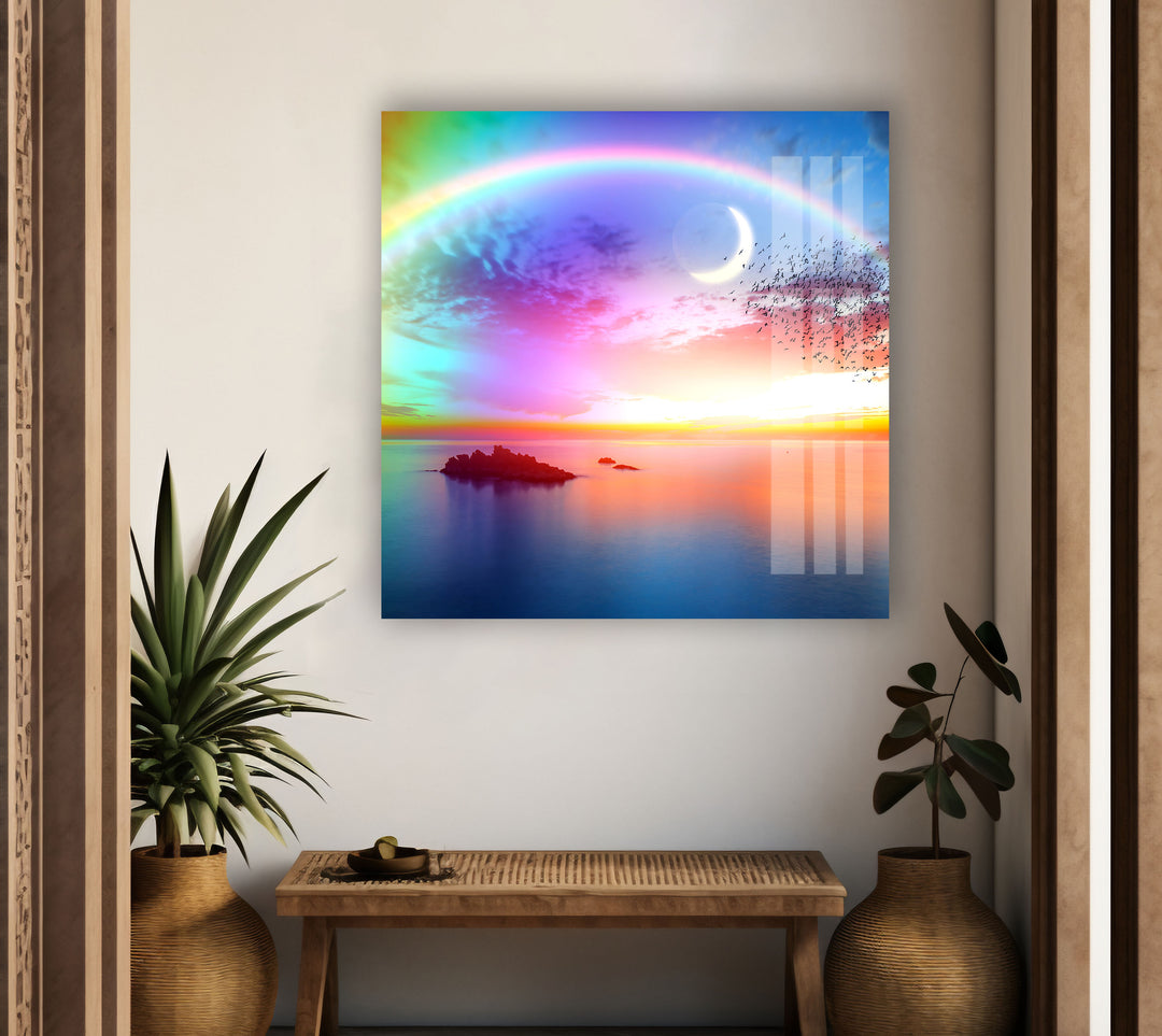 Rainbow Over The Sea Glass Wall Art print picture on glass, Tempered Glass Wall Art