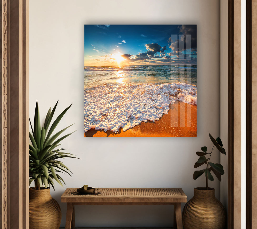 Beach Wave & Sunrise Glass Wall Art glass photo prints, glass picture prints