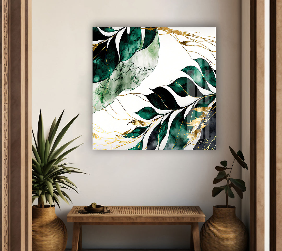 Green & White Leaves Glass Wall Art custom glass pictures, glass art prints