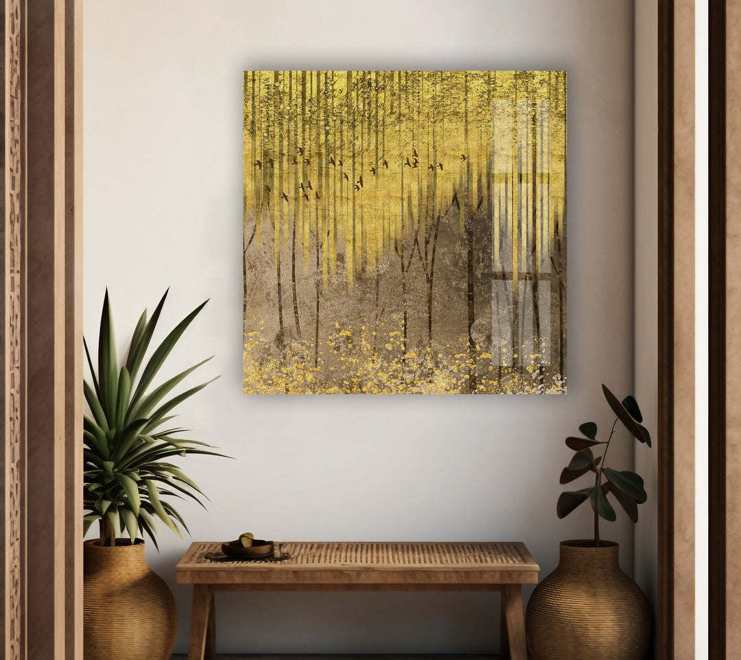 Golden Forest Glass Wall Art , photo print on glass, prints on glass wall art