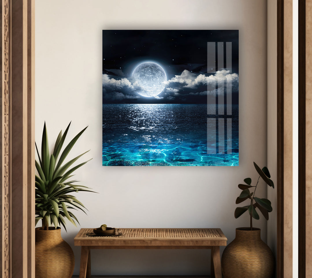 Moon Over The Ocean Glass Wall Art print picture on glass, Tempered Glass Wall Art