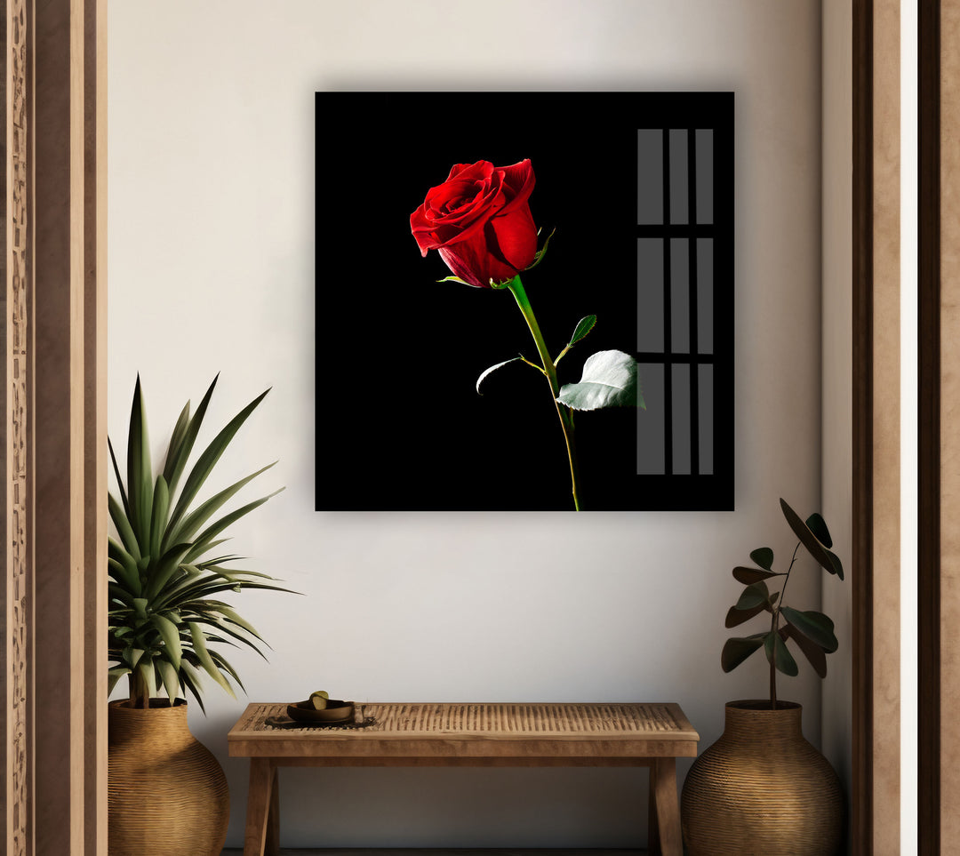 Single Red Rose On Black Glass Wall Art, Glass Printing Wall Art, Print photos on glass