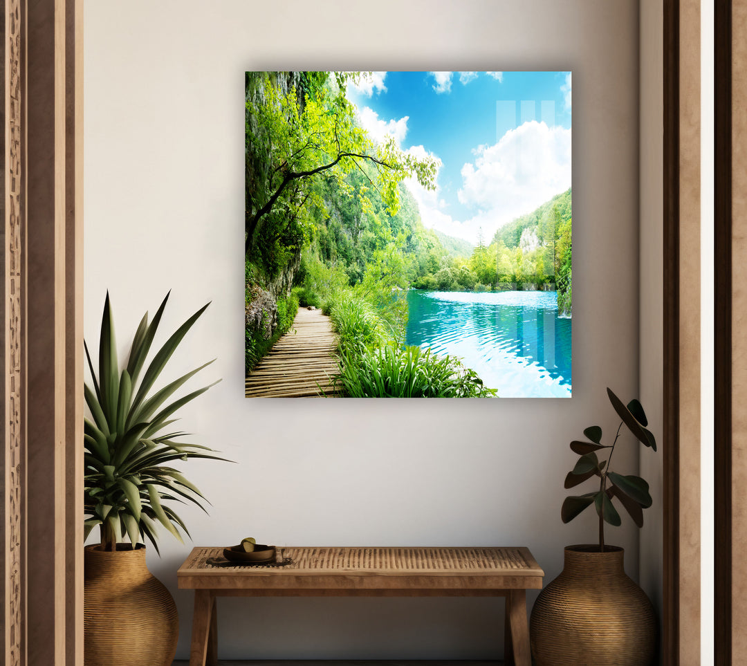 Green Forest & Waterfall Glass Wall Art Glass Printing Wall Art, Print photos on glass