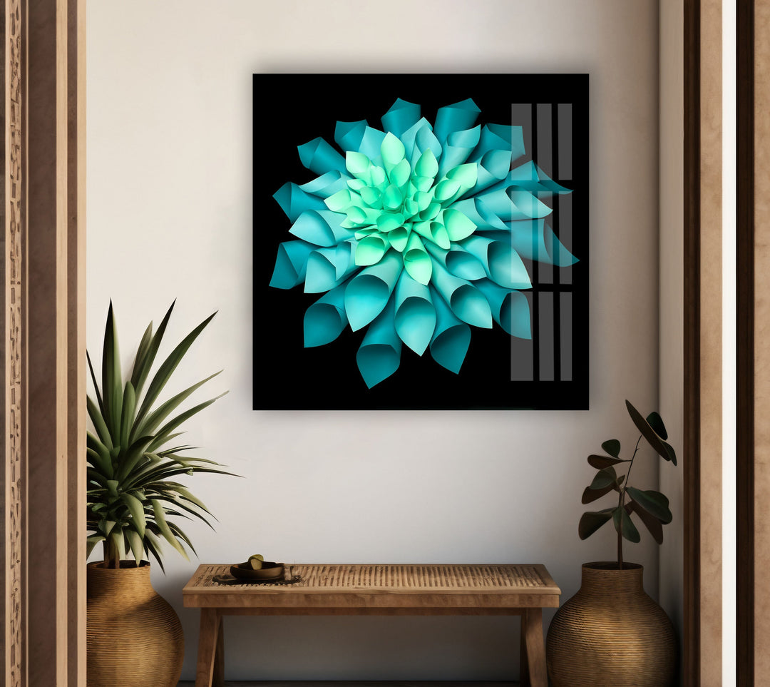 Green Paper Origami Flower Glass Wall Art, glass pictures for Wall, glass prints wall art
