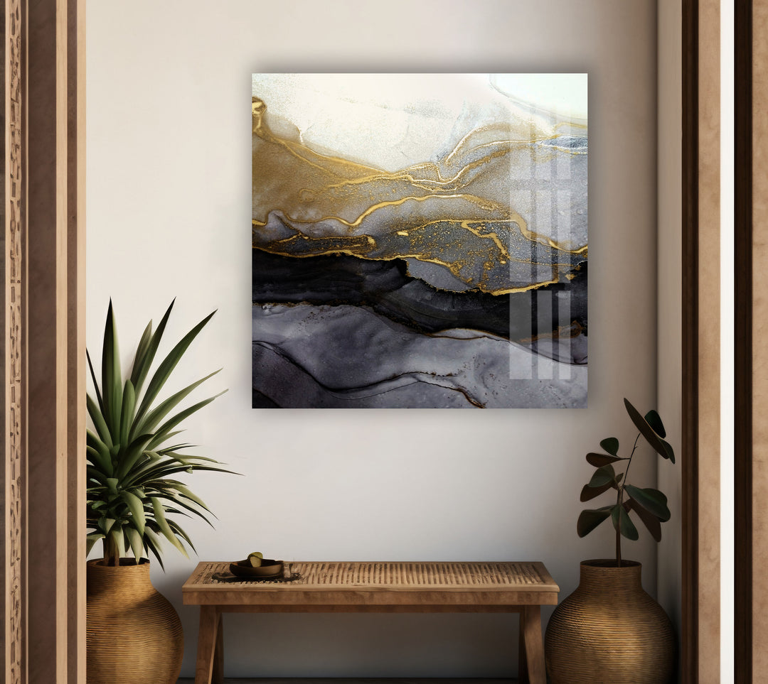 Alcohol ink Black and Golden Glass Wall Art