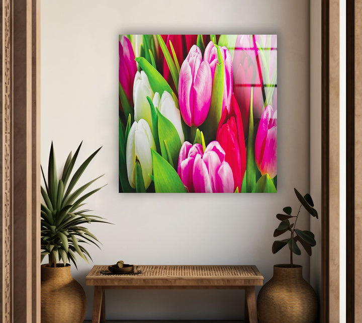 Colorful Tulips Glass Wall Art, glass art painting, glass art for the Wall