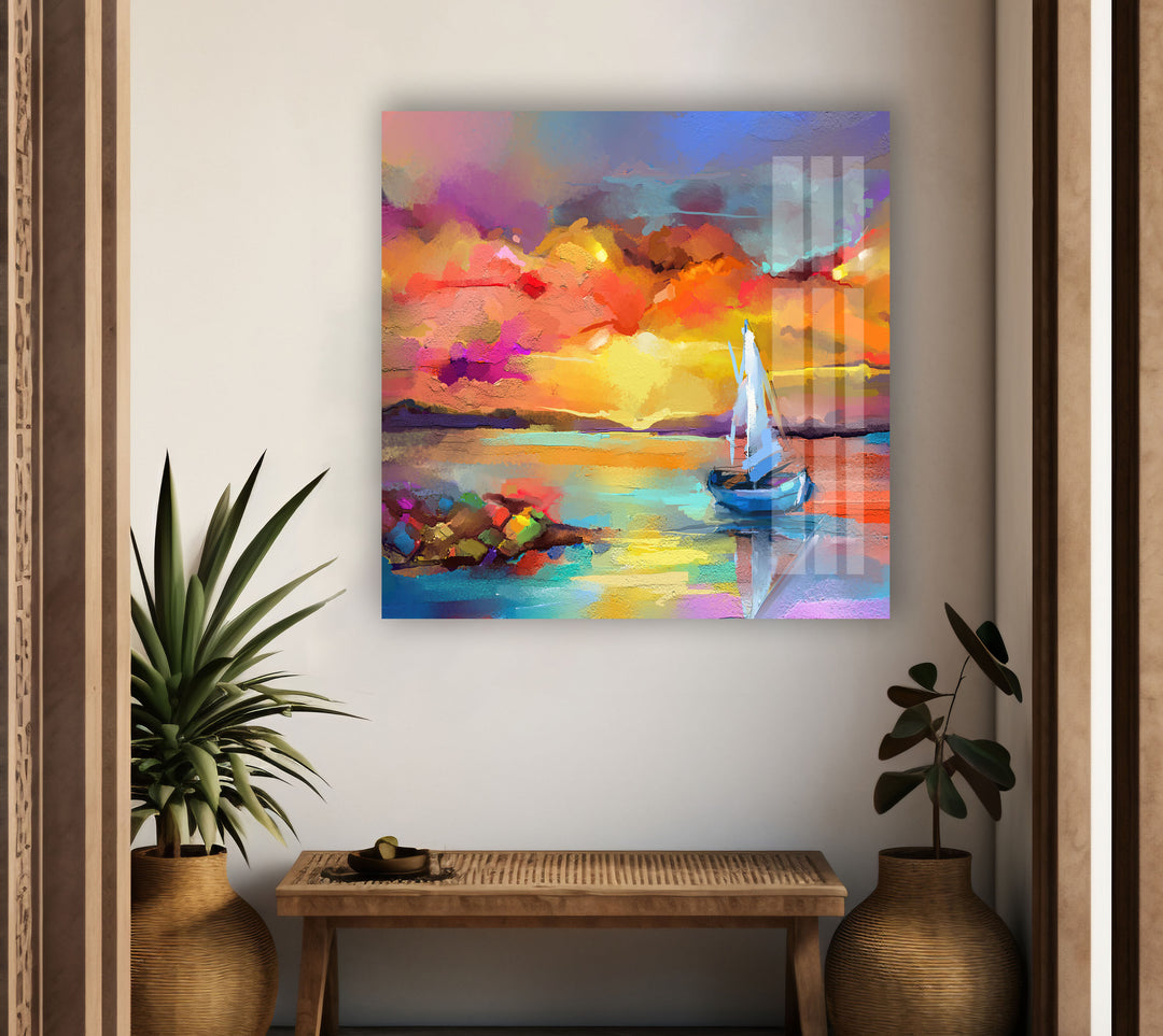 Sunset Sea Painting Glass Wall Art