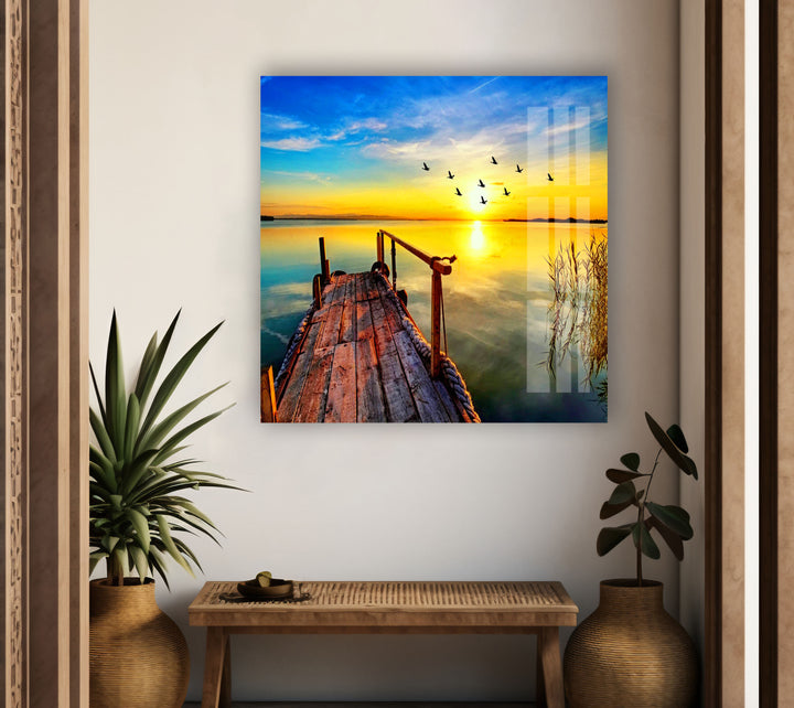 Sunset on The Lake & Birds Glass Wall Art