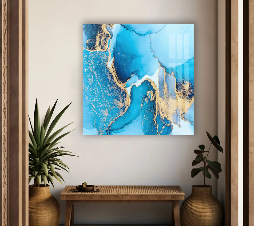 Marble Gold Blue Abstract Glass Wall Art custom glass photo prints, large glass prints