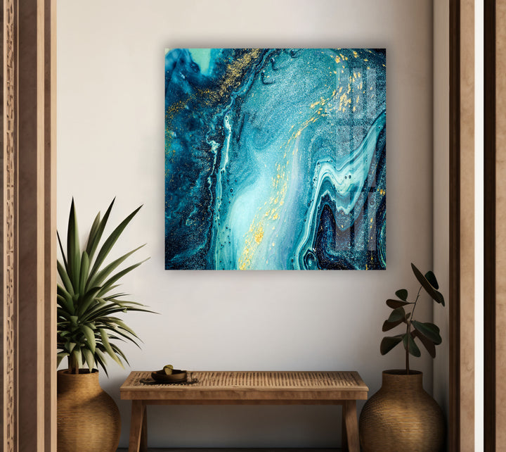 Blue & Gold Abstract Alcohol Ink Glass Wall Art Glass Printing Wall Art, Print photos on glass