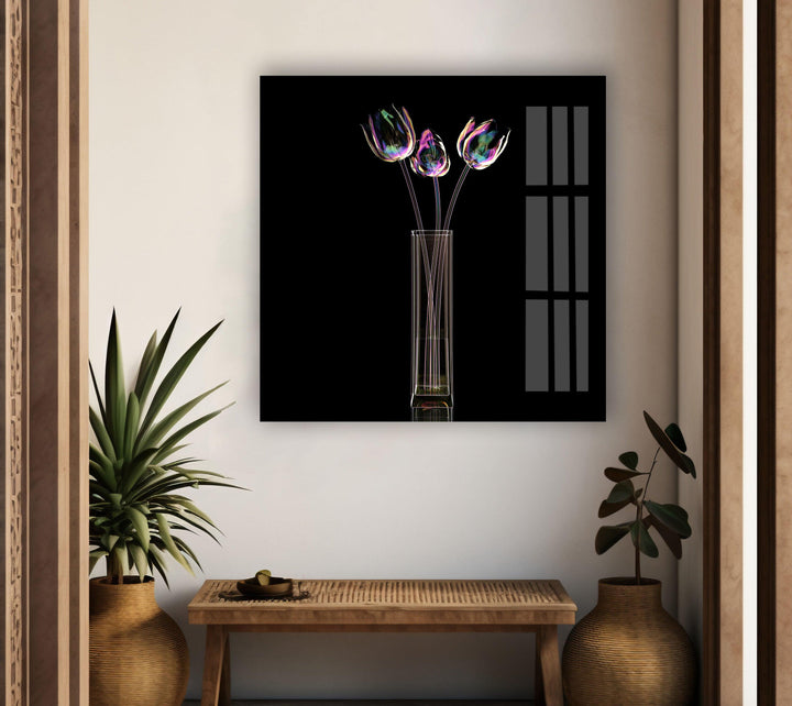 Color Glass Flower On Black Glass Wall Art, Glass Printing Wall Art, Print photos on glass