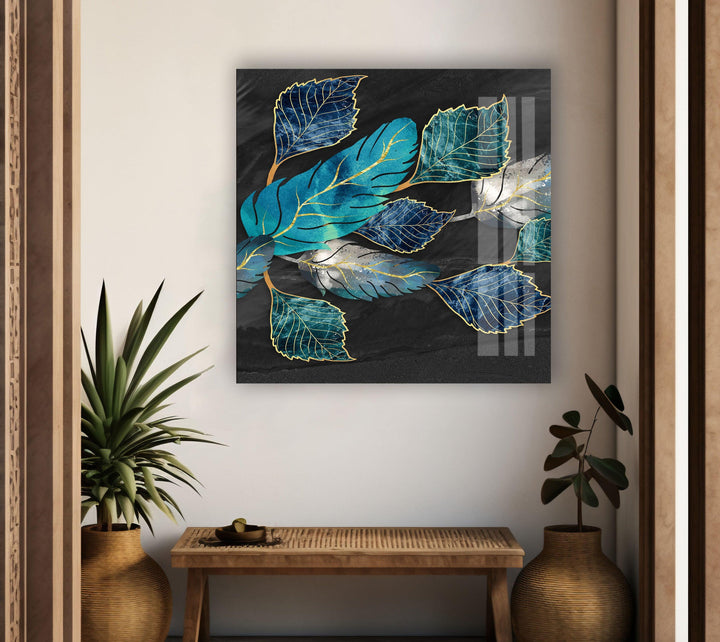 Blue-Turquoise And Golden Lines Leaves Glass Wall Art, art glass wall art, glass wall art pictures