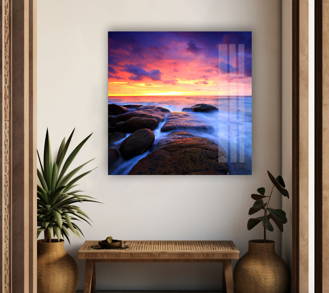 Sunset on Volcanic Rocks Glass Wall Art art glass wall art, glass wall art pictures