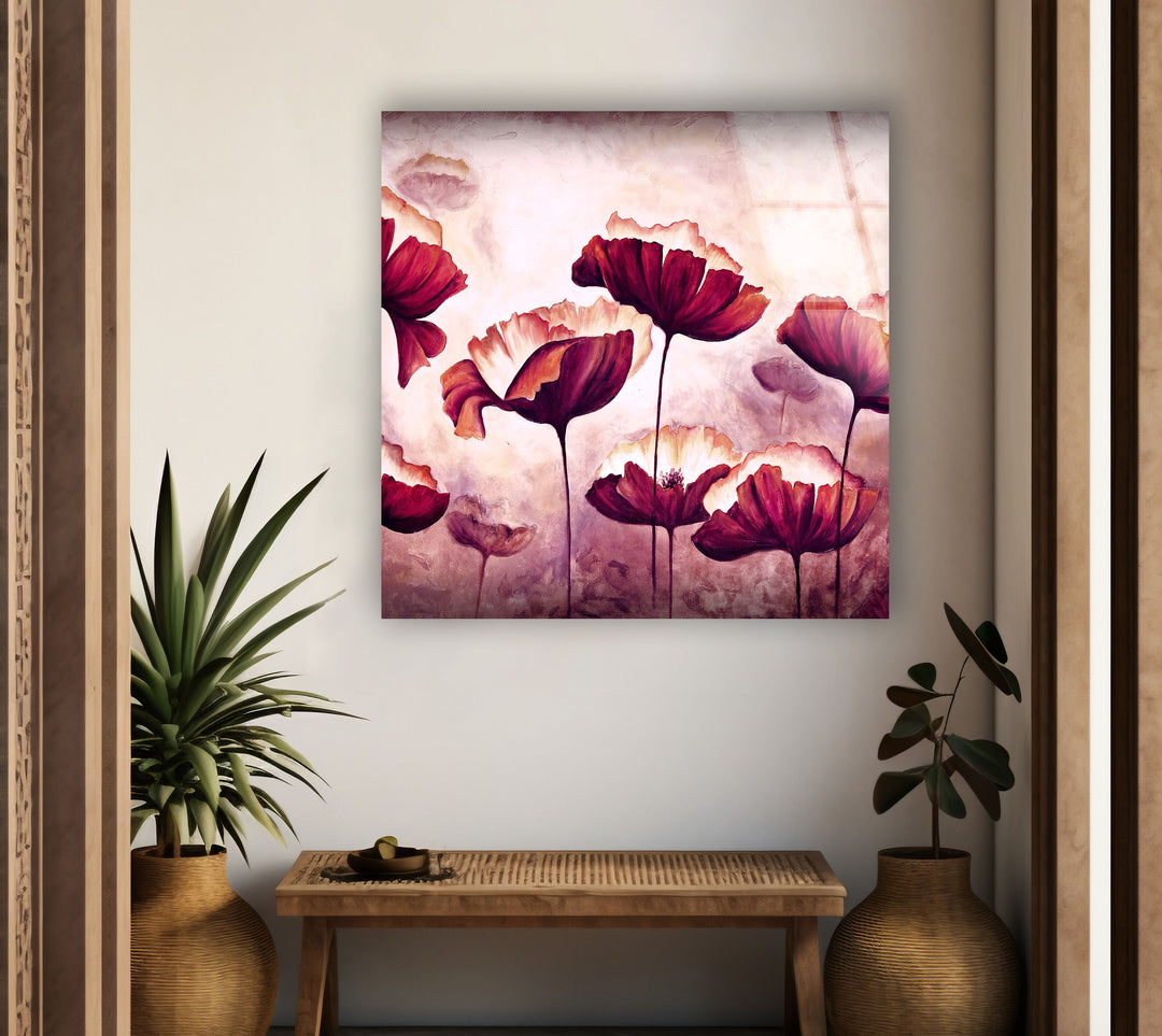 Abstract Pink Poppy Glass Wall Art, glass pictures for Wall, glass prints wall art