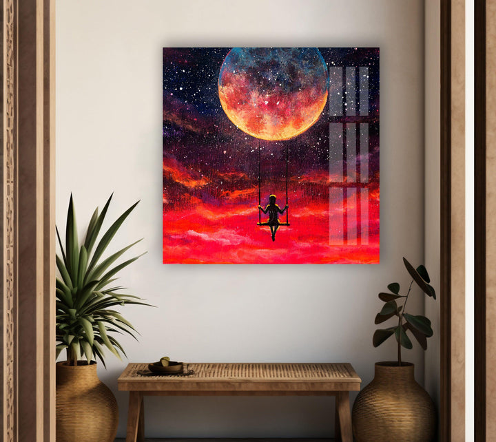 Red Full Moon Cool Wall Decor & Glass Print Art